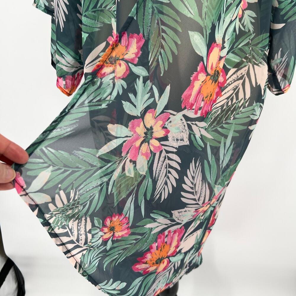 Mary and Mabel Kimono Top Cover Tropical Floral S/M Green Pink Open Sheer Long - Picture 5 of 9